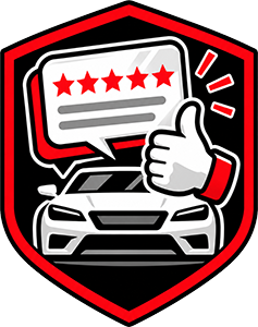 Red shield logo with a white car, five-star review bubble, and thumbs-up icon