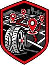 Red shield logo with tire, map pins, and city streets, suggesting navigation or delivery tracking