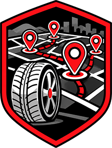 Red shield logo with tire, map pins, and city streets, suggesting navigation or delivery tracking