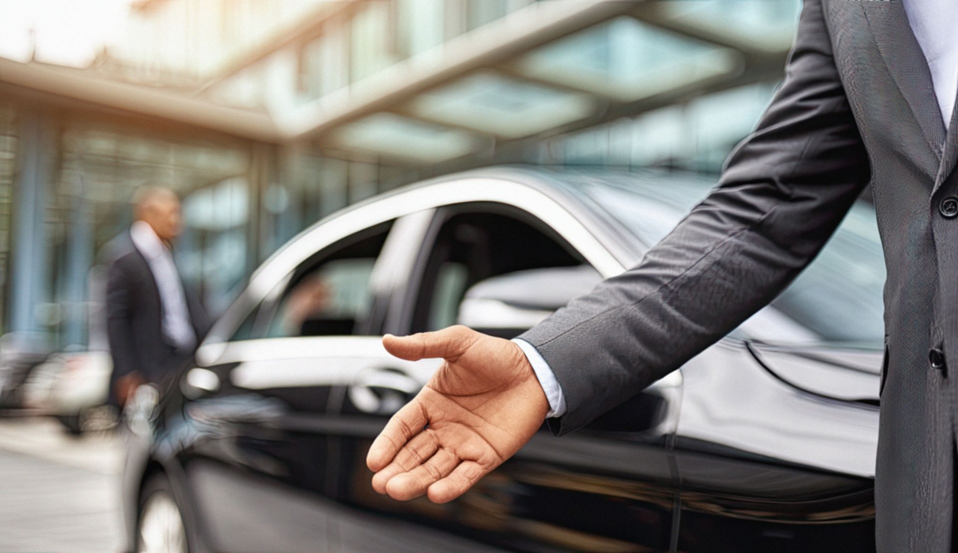Businessman gesturing beside a black car as a client approaches a luxury hotel entrance