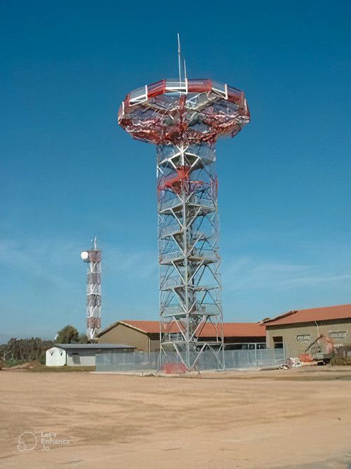 Alta torre di comunicazione con una grande piattaforma rossa e bianca in cima, che si staglia contro un cielo azzurro e terso.