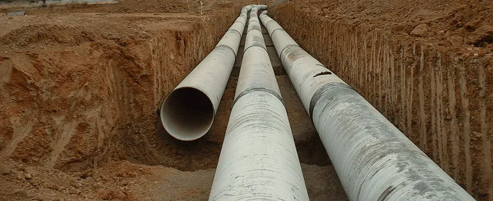 Tre grandi tubi installati in una trincea, probabilmente per infrastrutture sotterranee. Muri di terra.