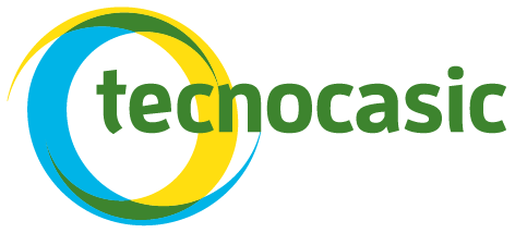 Logo di "tecnocasic" con un disegno circolare nei colori blu, giallo e verde.