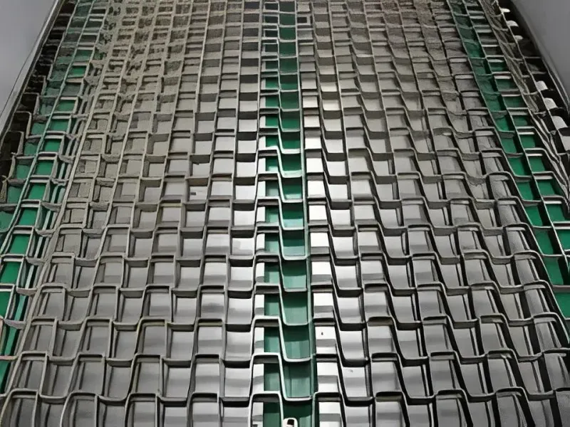 Nastro trasportatore metallico con motivo a griglia, appoggiato su una superficie verde.
