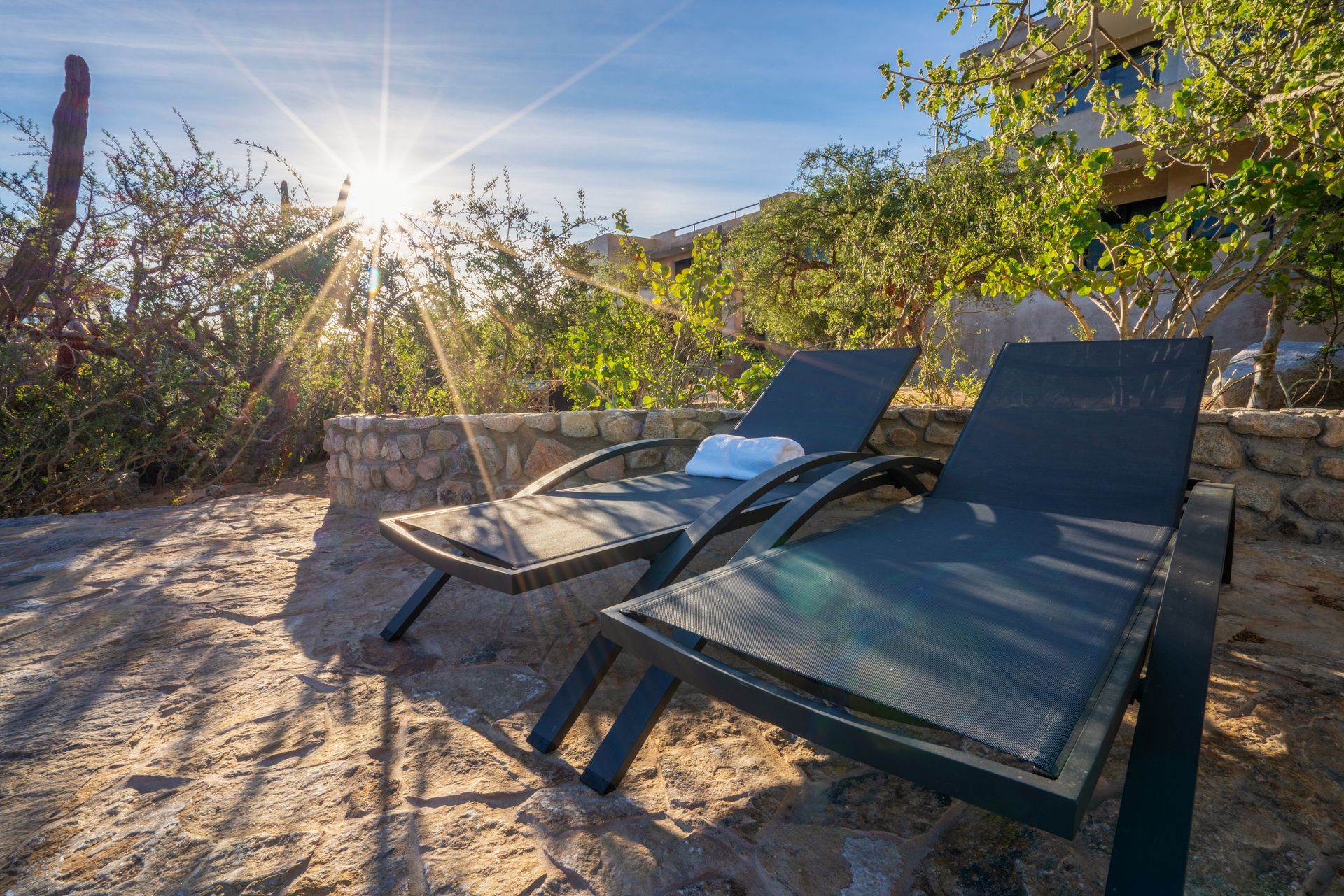 Two dark lounge chairs sit on a sandy patio beneath a sunlit sky, with lush greenery in the background.
