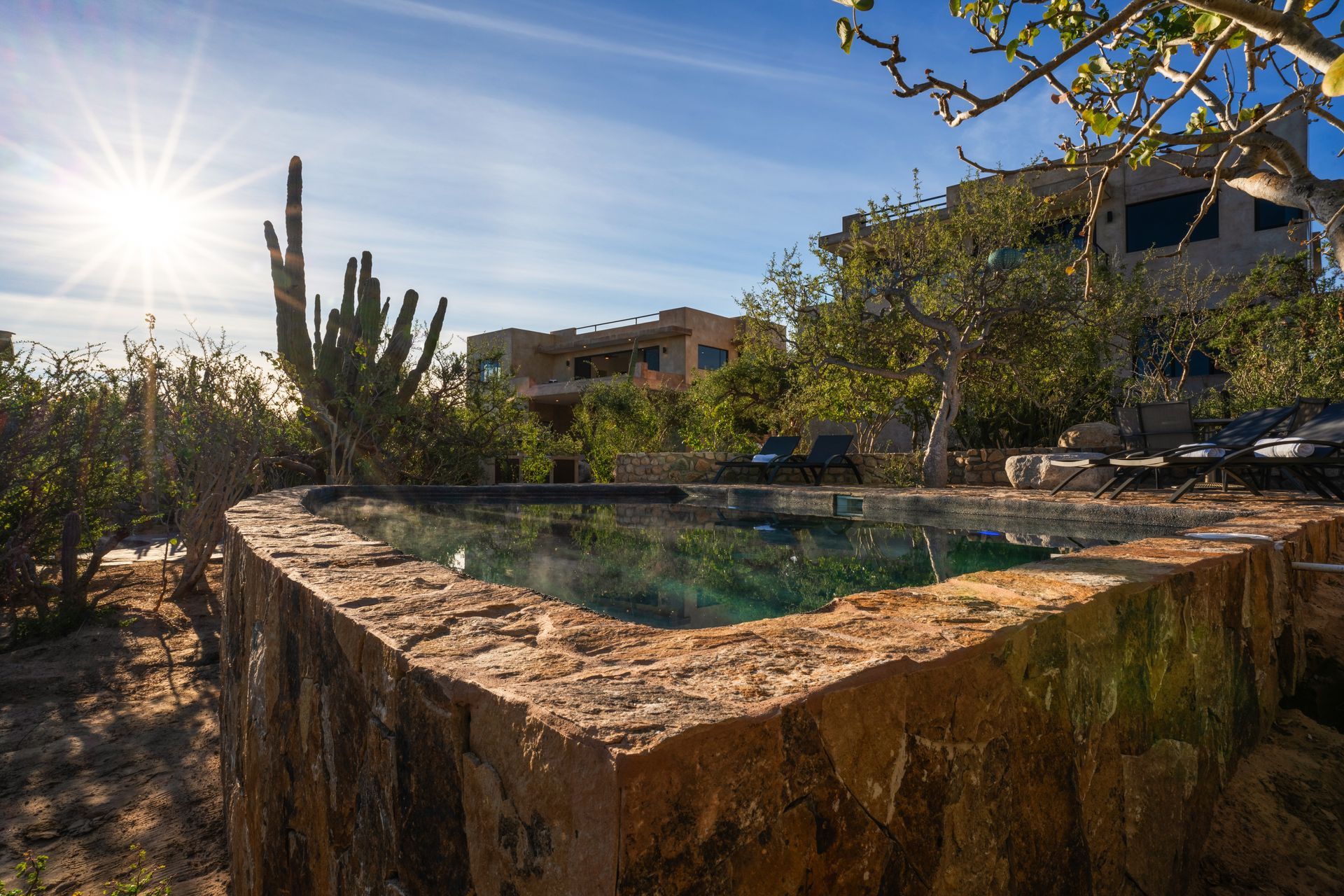 A stone-walled pool set in a sunny, desert-like landscape with cacti, trees, and buildings under a bright sky.