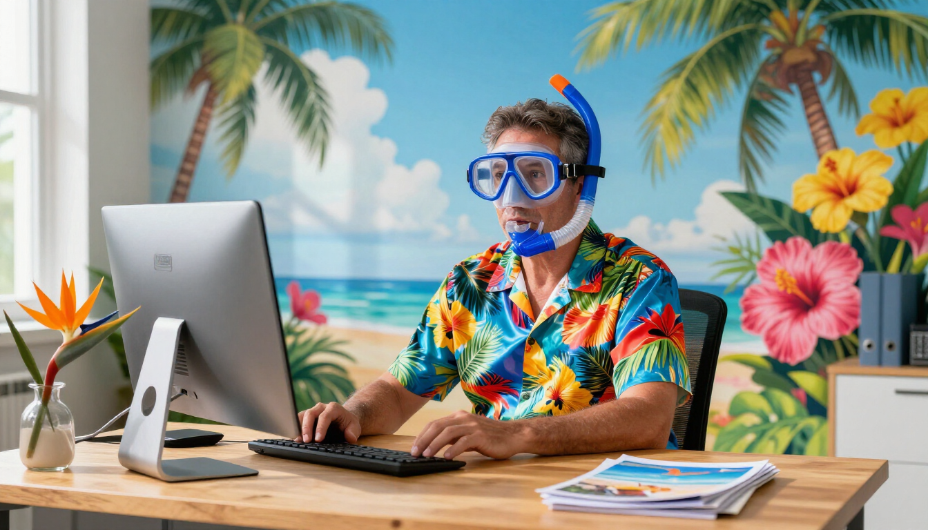 Funny tropical office setup with a laptop on a beach sand