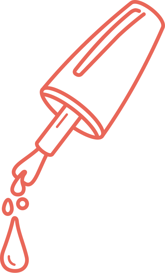 A coral-colored line drawing of a nail polish bottle with its brush dripping polish.