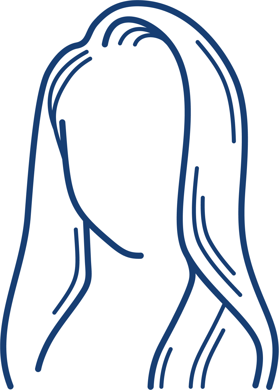 A minimalist blue line-art illustration of a person with long, flowing hair shown in profile.