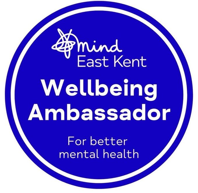 Circular blue logo with the text