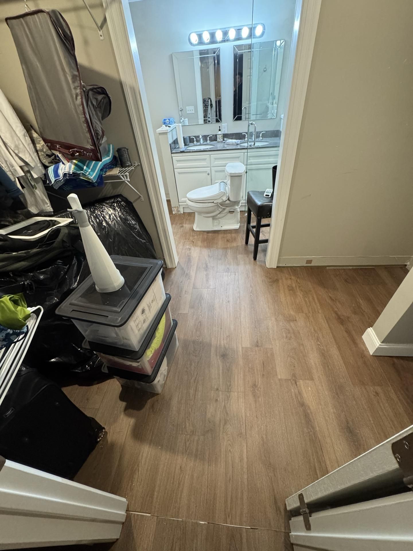 A view from a doorway into a bathroom with a vanity, toilet, and light wood flooring, next to a cluttered closet space.