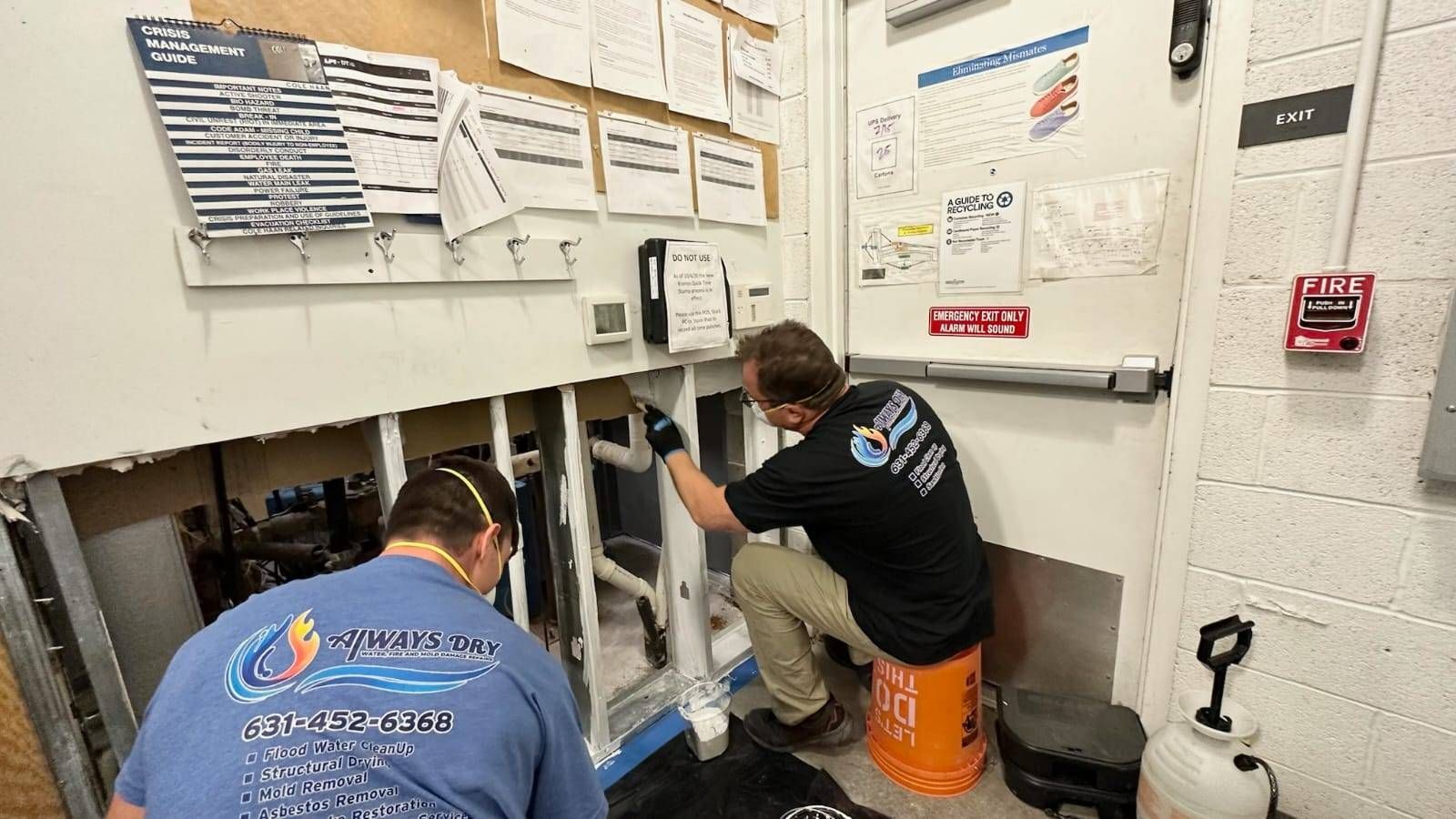 Two technicians in branded shirts work on exposed plumbing inside a wall near an exit door in a utility room.