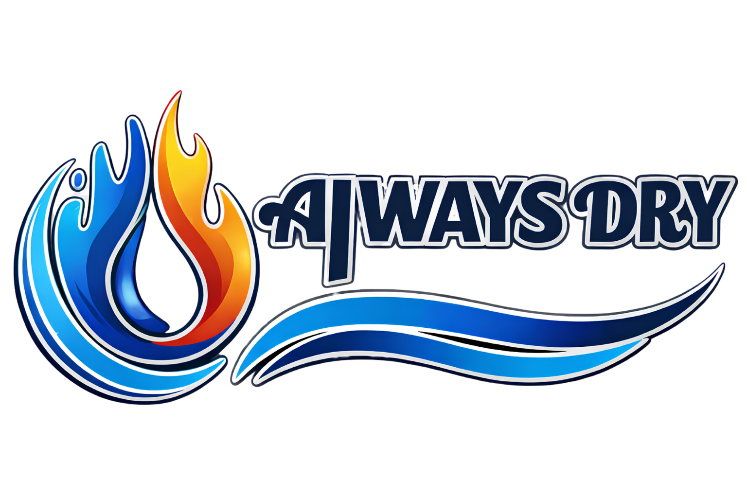 ALWAYS DRY logo with blue and orange water drop and wave graphic