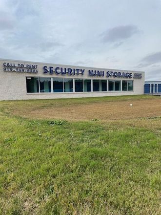 Security Mini Storage storefront with blue sign, grassy foreground, and cloudy sky