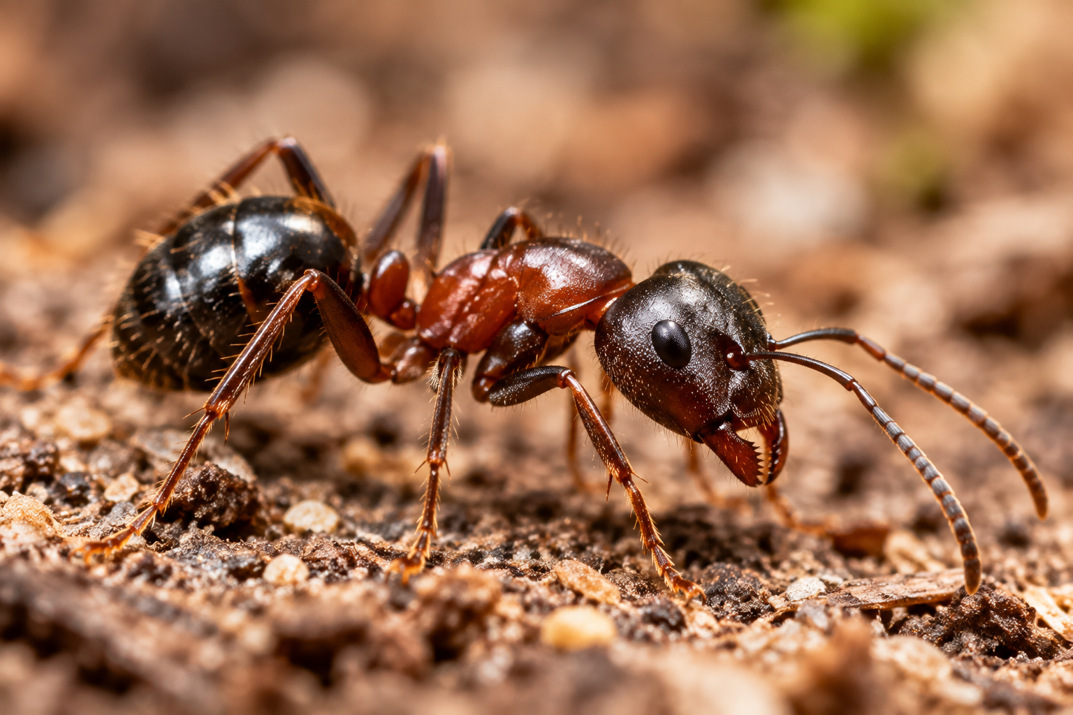 Close-up of a red and black ant walking on sandy ground