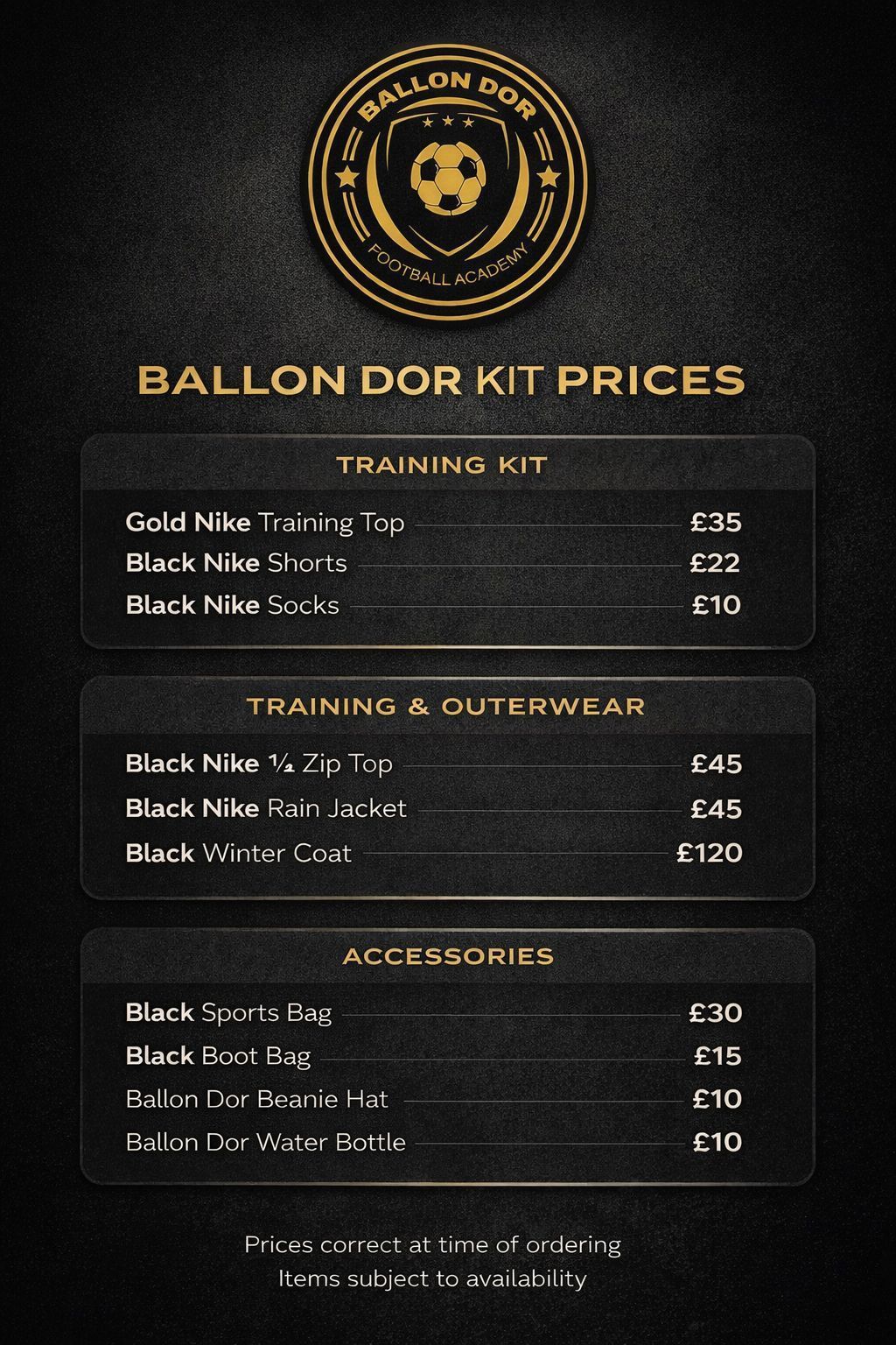 Ballon Dor Kit prices menu on dark background with gold logo and itemized training kits, outwear, and accessories prices