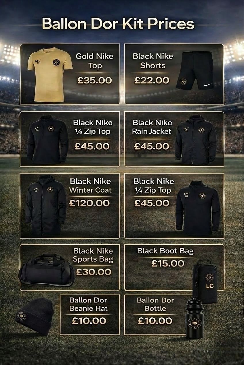 Ballon D'or kit prices board with black and gold football shirt items and prices ցուց