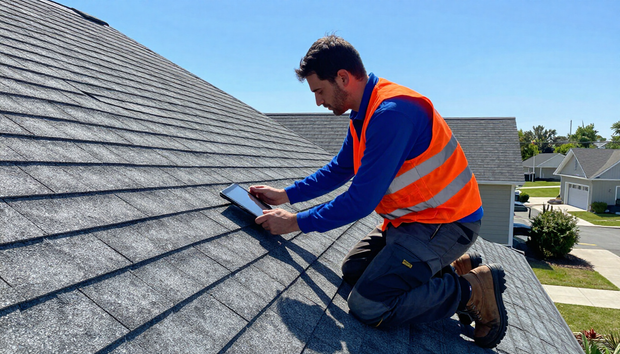 Roofer performing a detailed roof inspection as part of roofing service in Augusta, GA to identify potential damage.