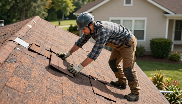 Roofer replacing damaged shingles with expert roofing service in Augusta, GA to restore roof performance safely.