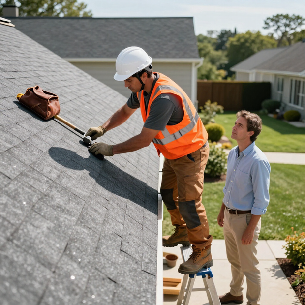 Roofer secures new shingles during roofing service in Augusta, GA while a homeowner watches the roof replacement work..