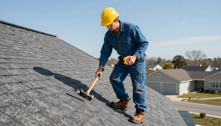 Skilled roofer installing roofing materials during roofing service in Augusta, GA on a neighborhood home.