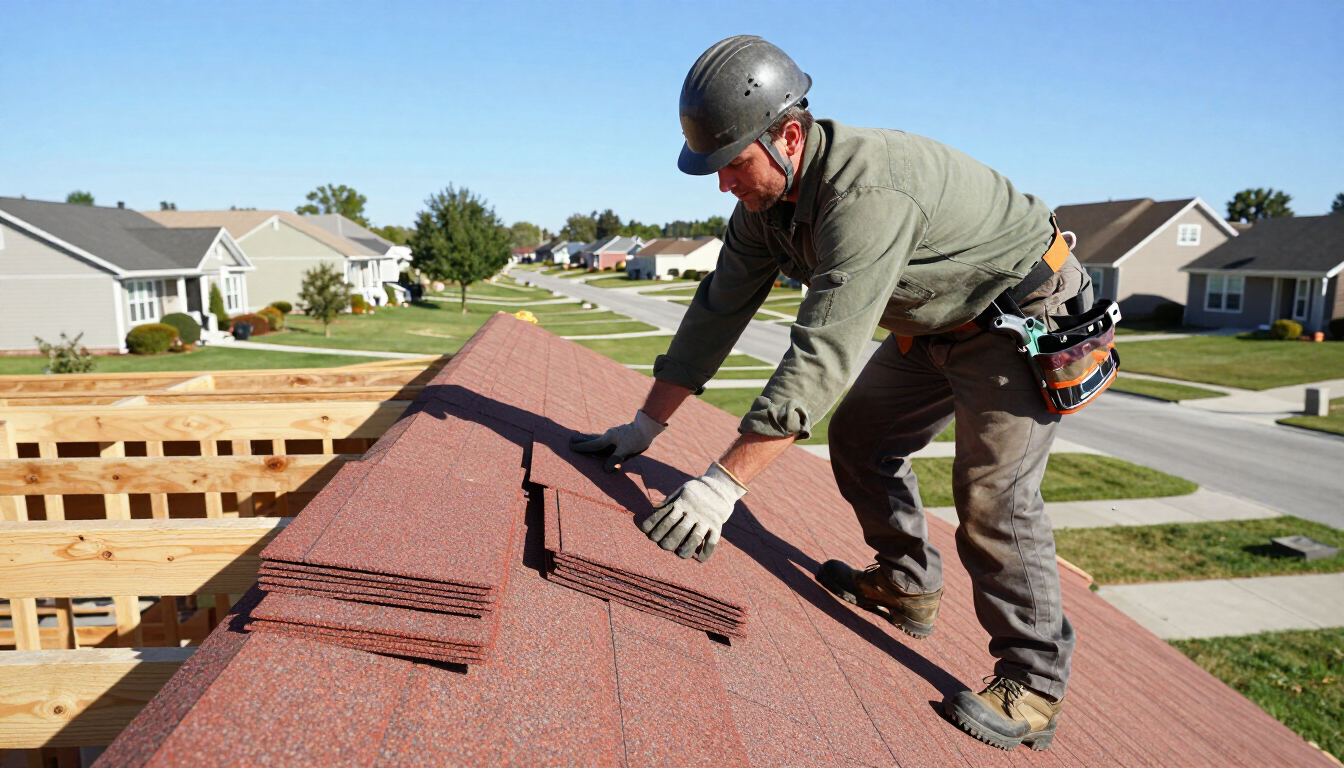 Roofer installing new shingles during roofing service in Augusta, GA to improve home protection and durability.