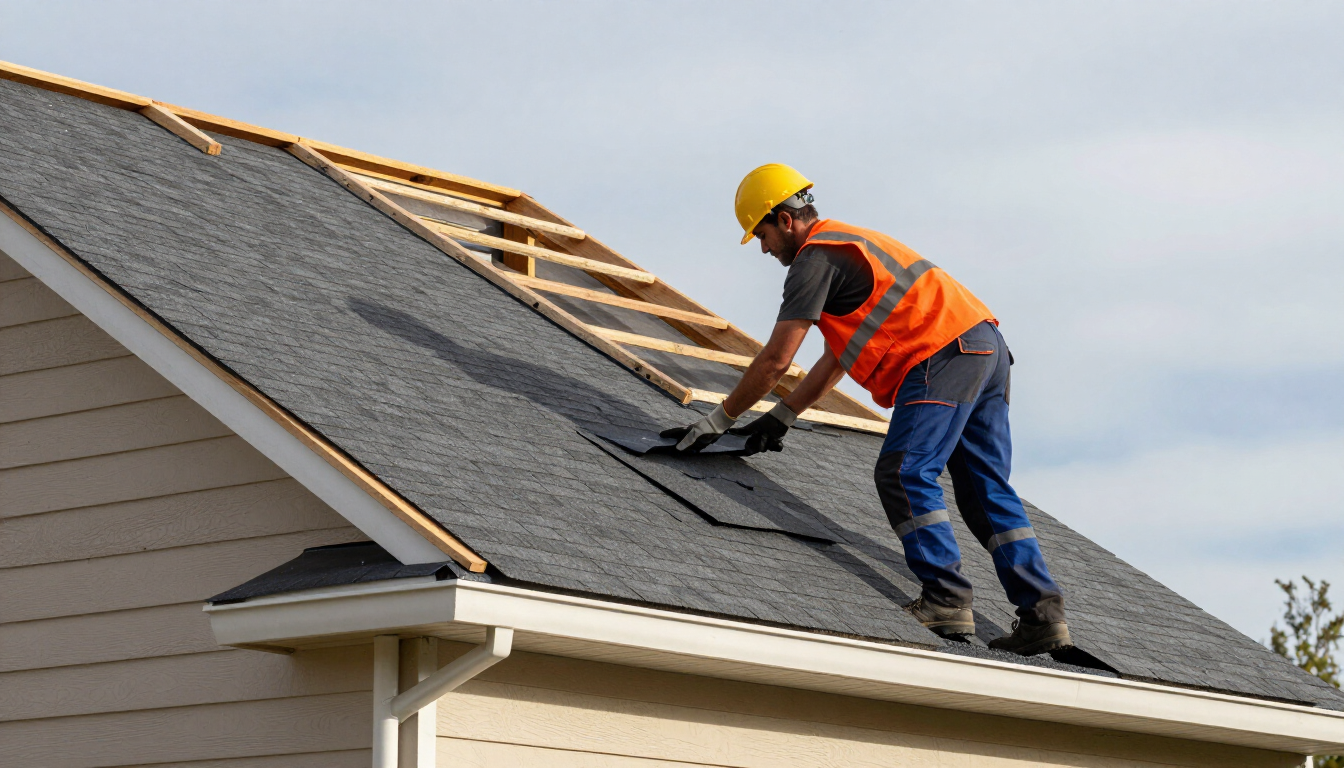 Roofing contractor installing asphalt shingles for reliable roofing service in Augusta, GA on a residential home.