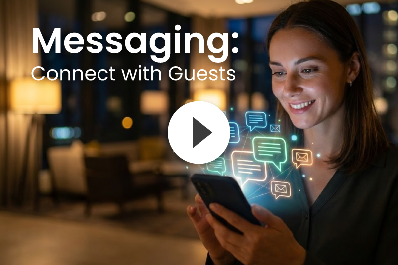 Messaging: connect with guests; smiling person uses a phone with chat icons glowing on screen
