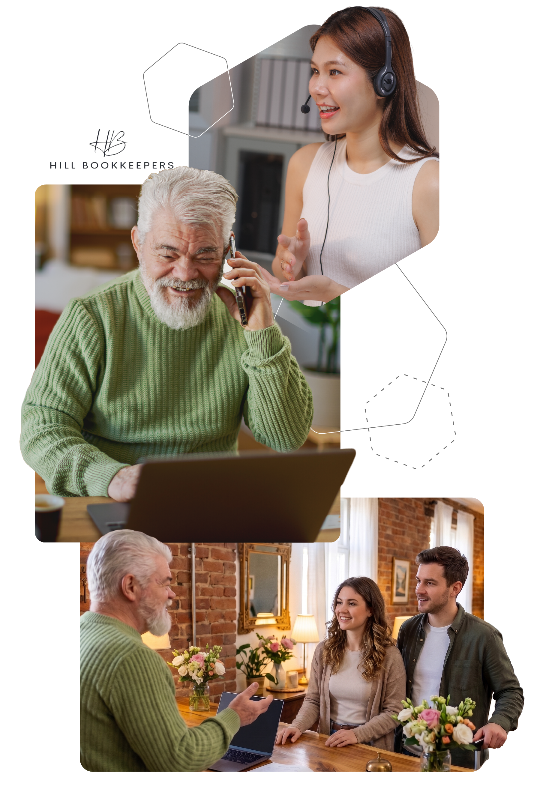 Older man in green sweater on video call with woman caregiver; below, he chats with two visitors at a table.