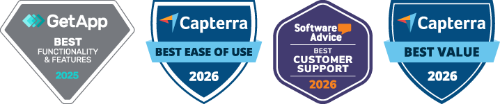 Awards badges for GetApp and Capterra, including Best Case of Use 2026, Customer Support 2026, and Best Value 2026.