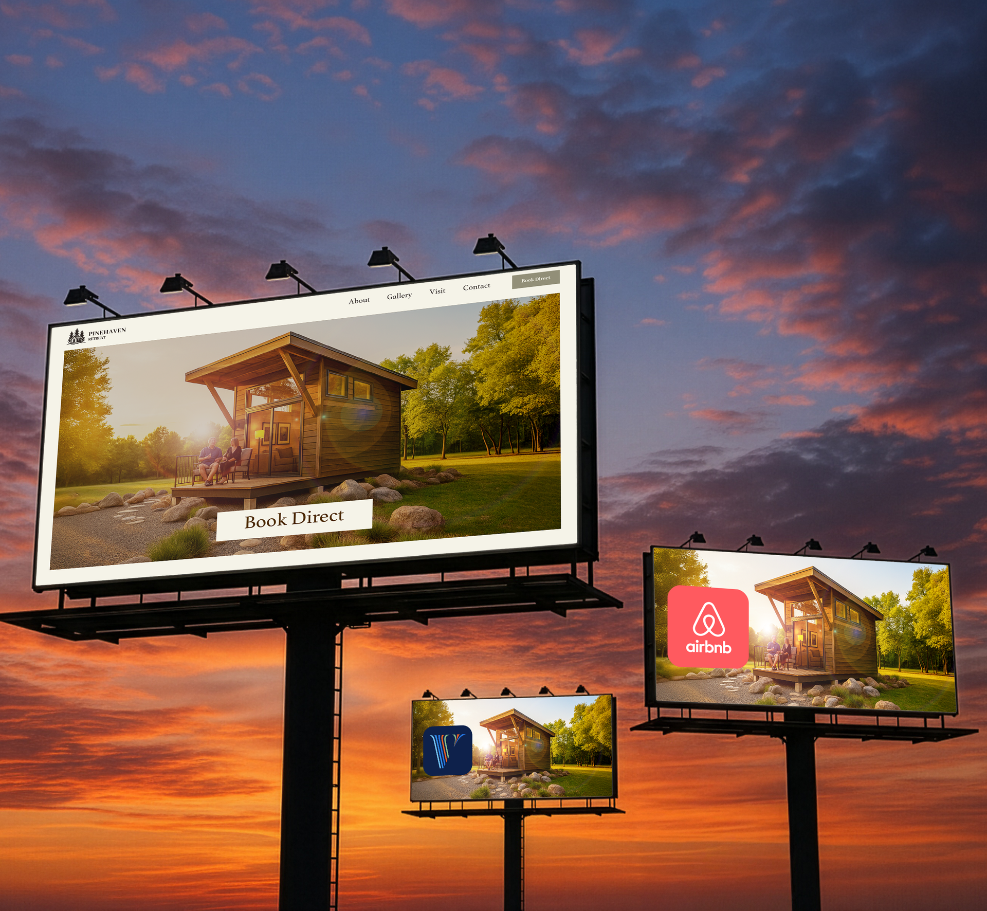 Billboards with cabin advertisement; sunset background.