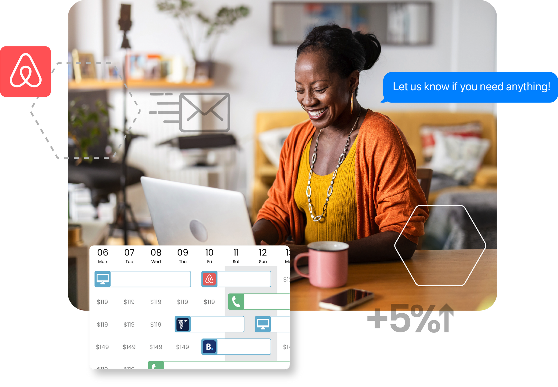 Person typing on laptop, with digital icons overlaid. Woman on phone with price options.