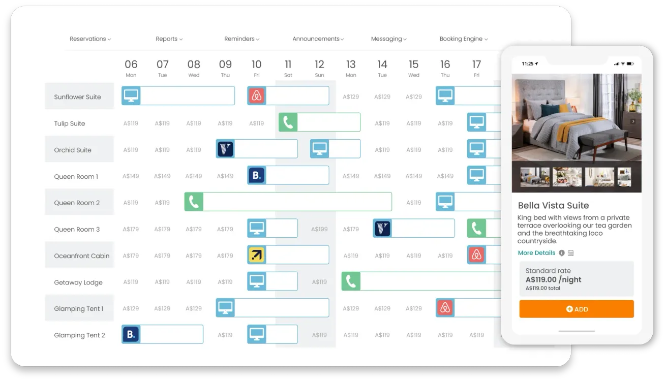 A reservation calendar showing a variety of units and bookings and a mobile phone showing a booking engine with a bedroom.
