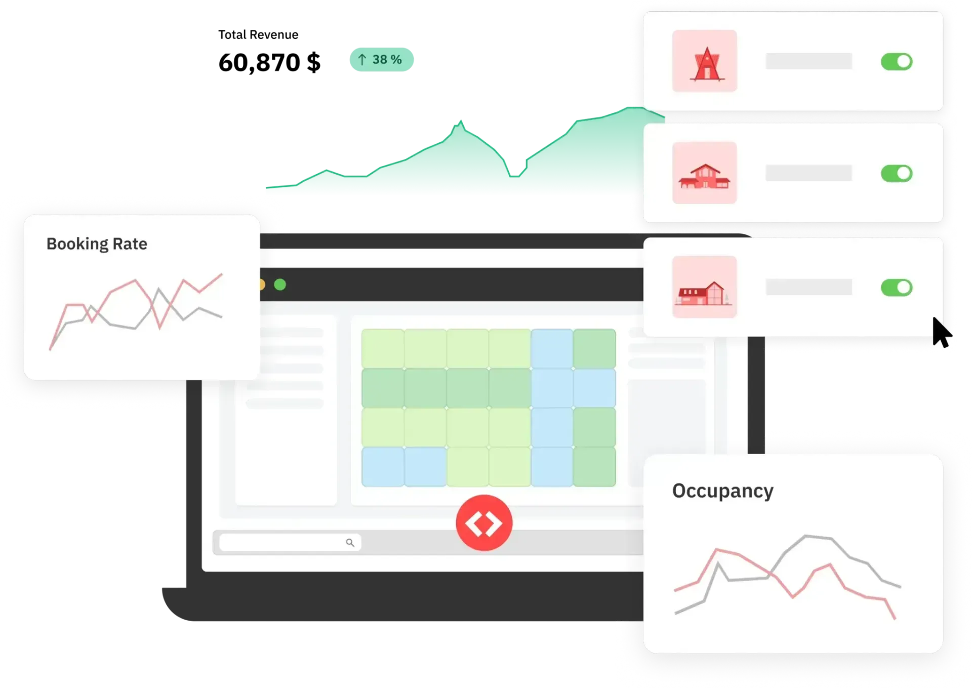 illustration of PriceLabs reports and toggles in front of a laptop