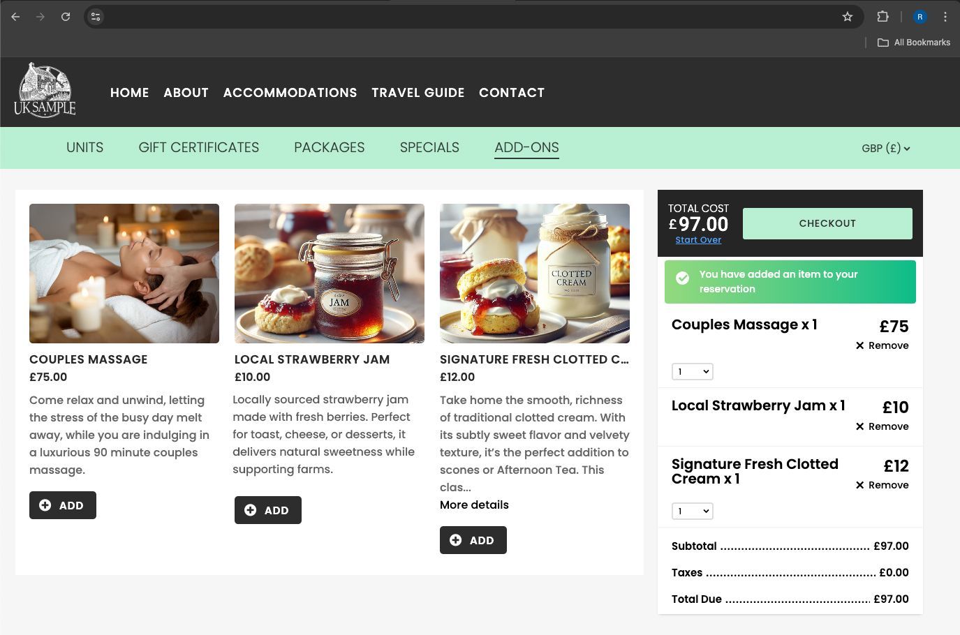 A screenshot of room add-on items.