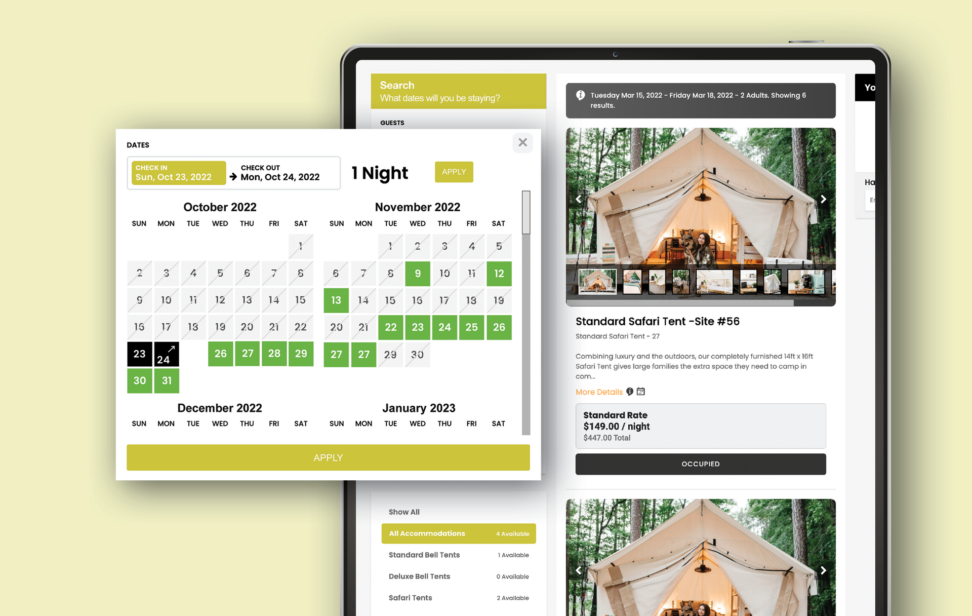 Travel booking webpage with calendar date picker and accommodation photo preview
