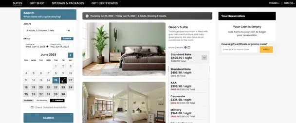 Hotel booking website with search filters, room photos, and reservation details