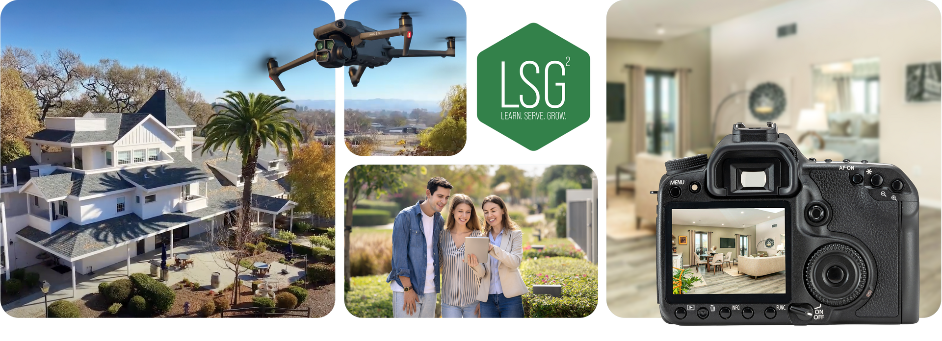 A collage of pictures of people talking on and using cell phones, and badges that say best customer support.