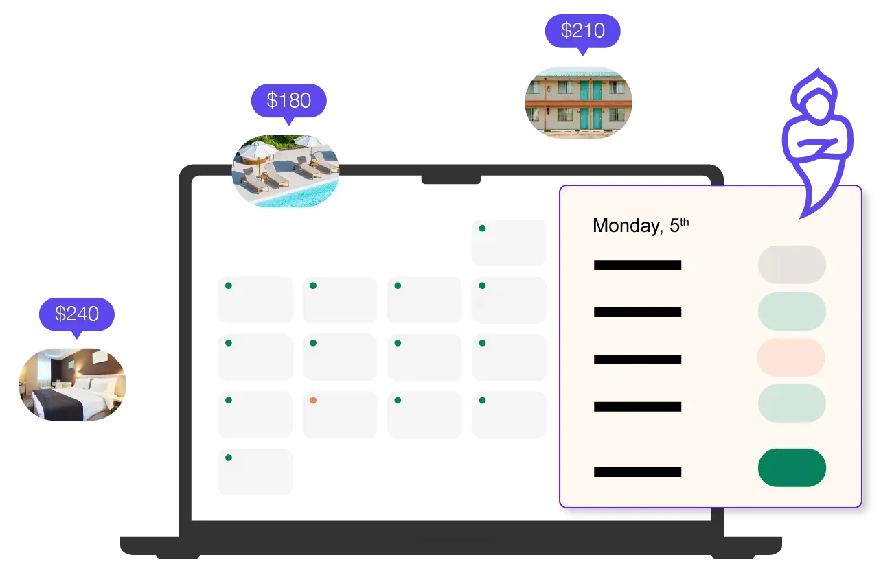 illustration of RoomPriceGenie interface and reports in front of a laptop with comparison pricing
