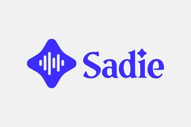 Blue “Sadie” logo with a diamond icon and white waveform bars on a light background