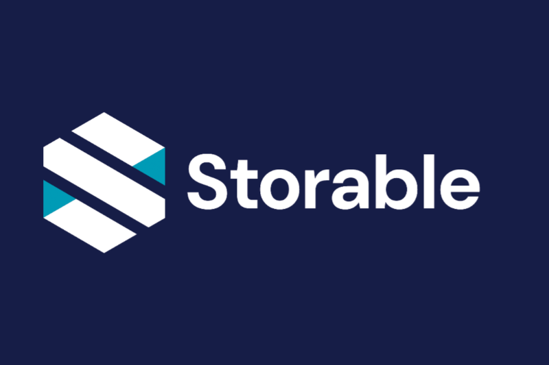 White and light blue “storable” wordmark on a dark navy background