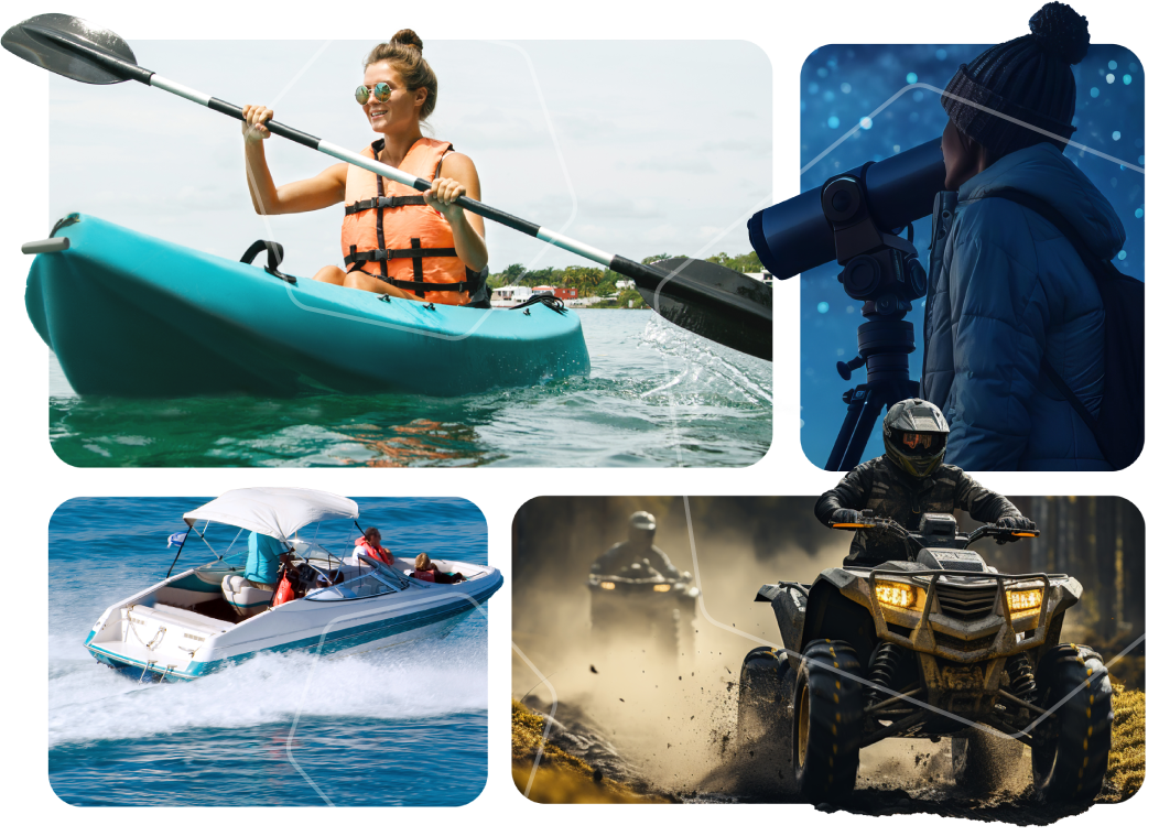 A woman in a kayak , a man on an atv , a boat , and a woman with a telescope