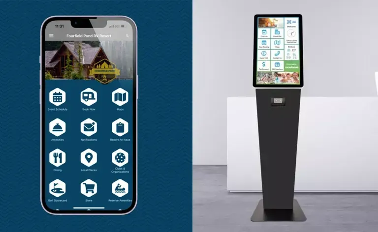 A cell phone is displayed next to a kiosk.