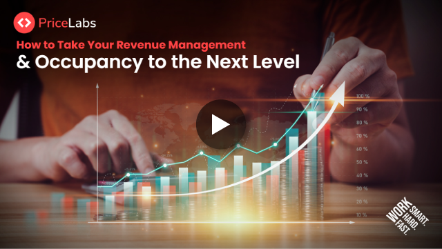 PriceLabs webinar thumbnail: revenue management and occupancy growth with rising bar chart and upward arrow
