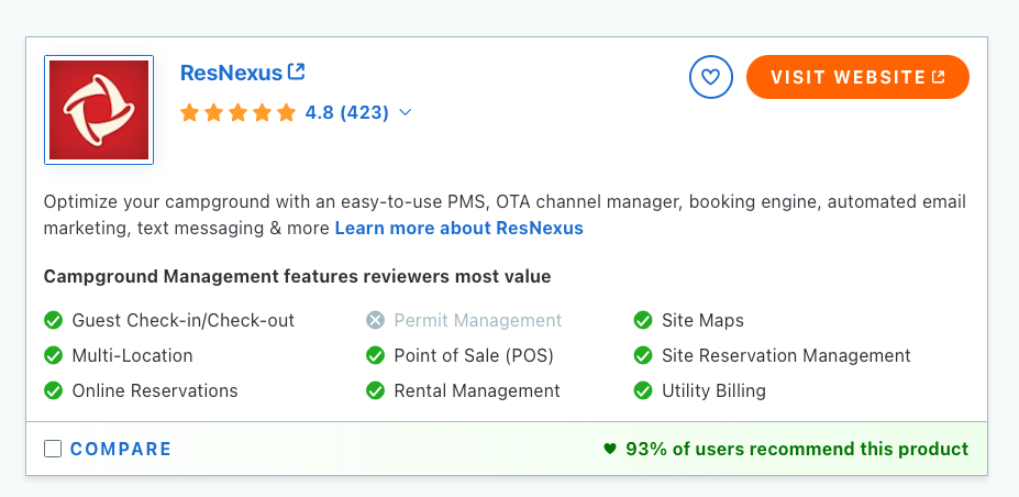 Website product card for “ReachNexus,” with 4.8-star rating and an orange “Visit website” button