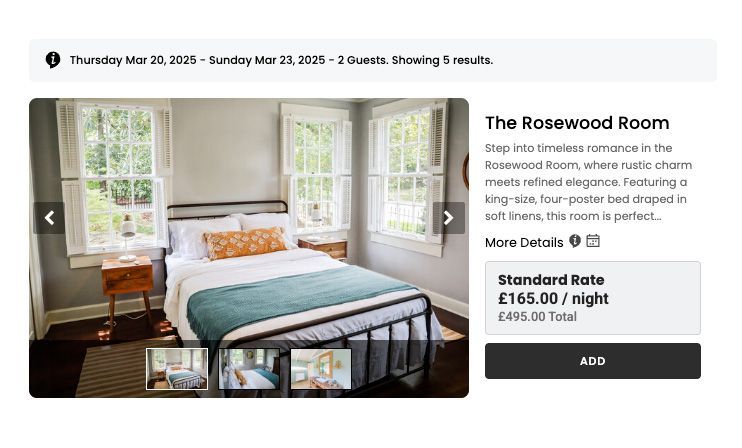 A screenshot of a hotel website showing a bedroom.
