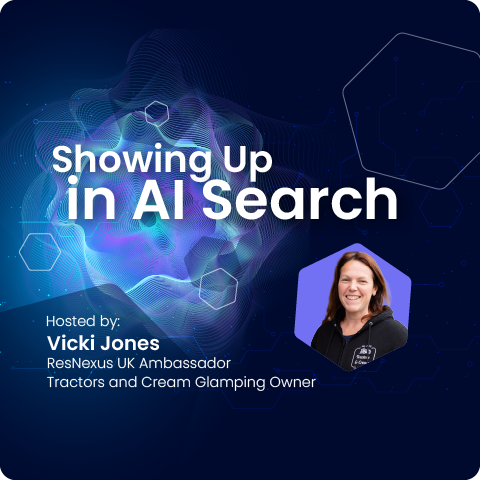 Webinar banner: magnifying glass with house icon and title “Showing Up in AI Search” on red background
