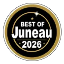 Black and gold circular badge reading “Best of Juneau 2026” with small stars