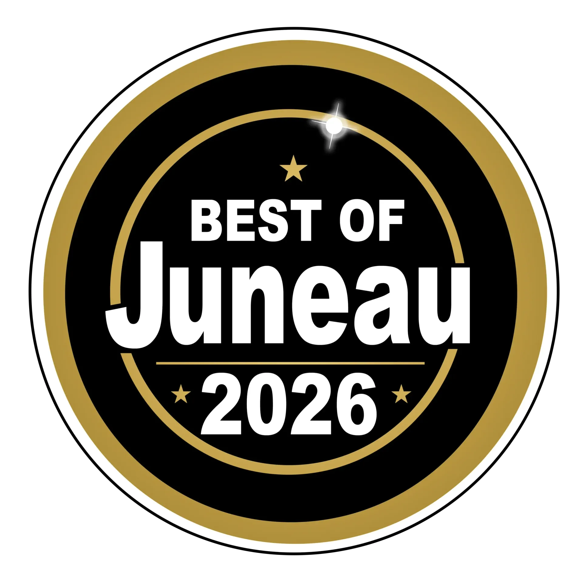 Black and gold circular badge reading “Best of Juneau 2026” with small stars