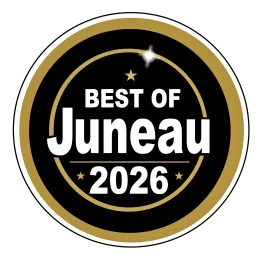 Black and gold circular badge reading “Best of Juneau 2026” with small stars